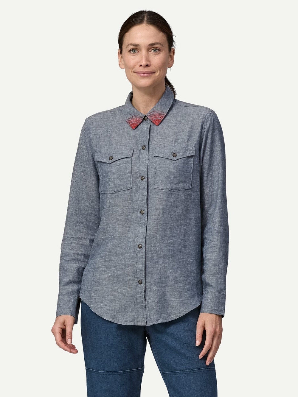 Chambray Long-Sleeve Shirt with Contrast Collar - Blue